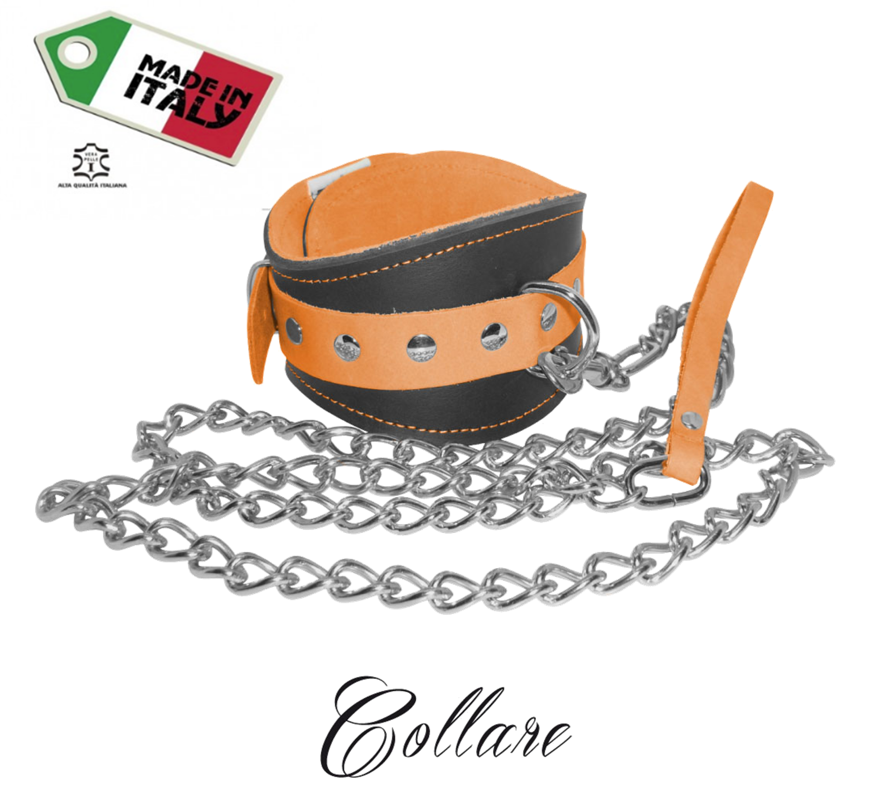 collare con guinzaglio in vera pelle e cuoio orange fluo bondage uomo donna