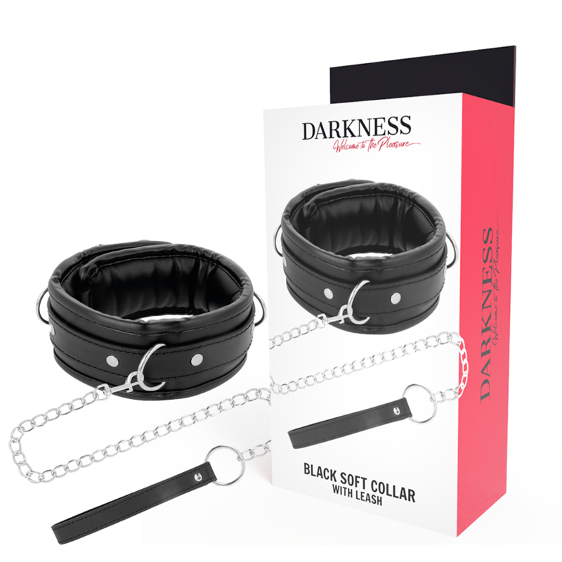 Collar with leash DARKNESS BLACK SOFT COLLAR WITH LEASH LEATHER