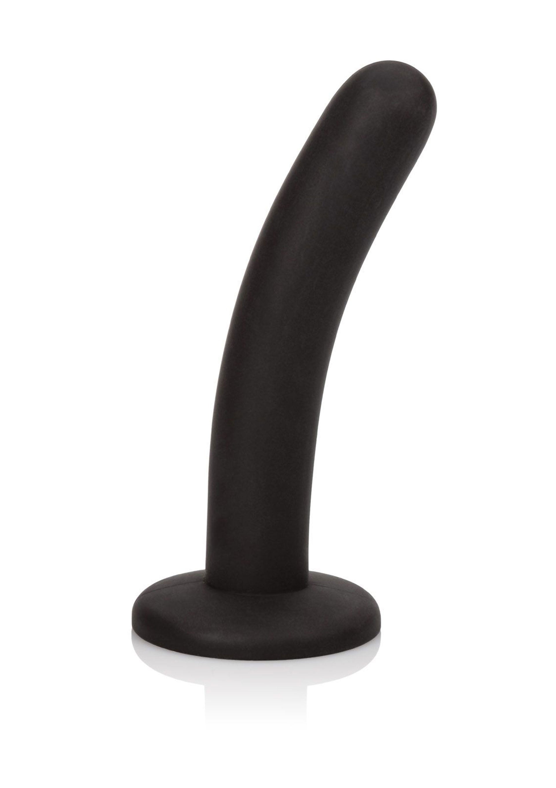 Black silicone dildo with curved suction cup for anal and vaginal penetration