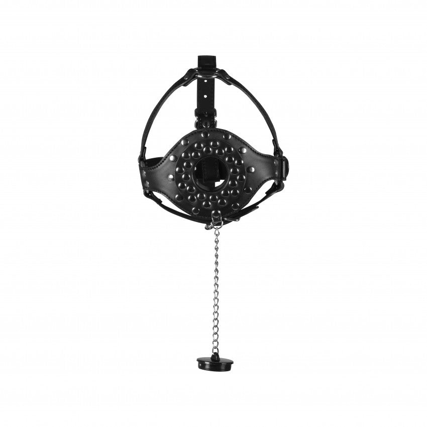 Open Mouth Gag Head Harness with Plug Stopper Black