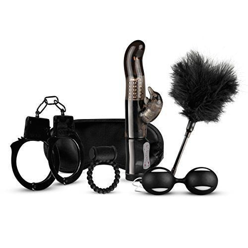 Sex toy kit with vaginal rabbit vibrator, vaginal balls, handcuffs, black cock ring, love kit black