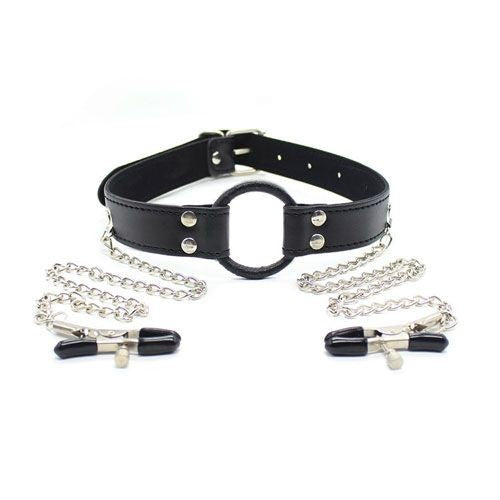 Ring gag nipple clamps nipple clamps bite fetish bondage black
