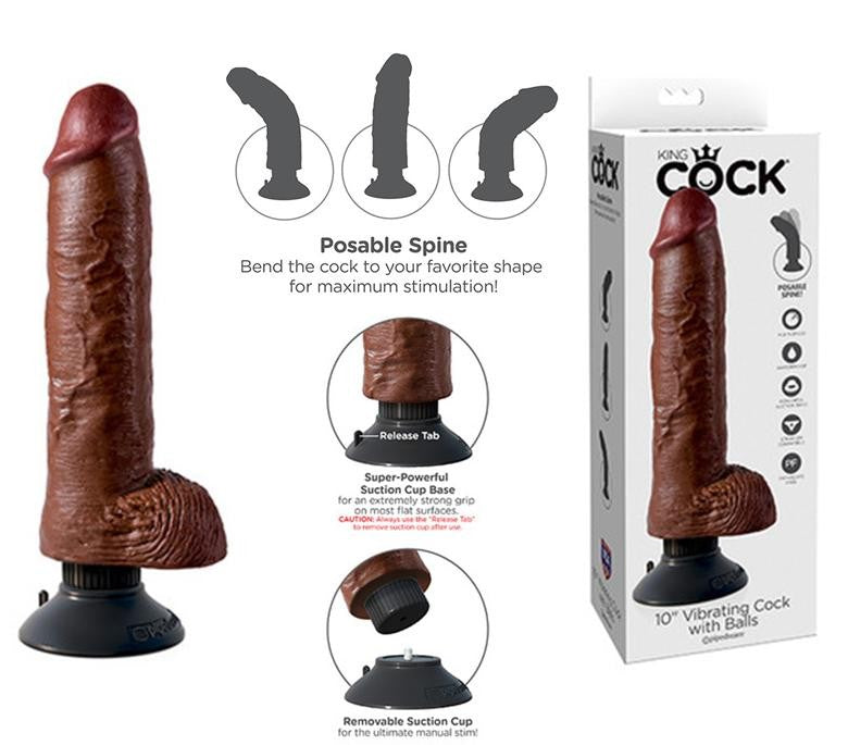 Realistic Vibrator King Cock 10 vibrating with suction cup whit Balls brown